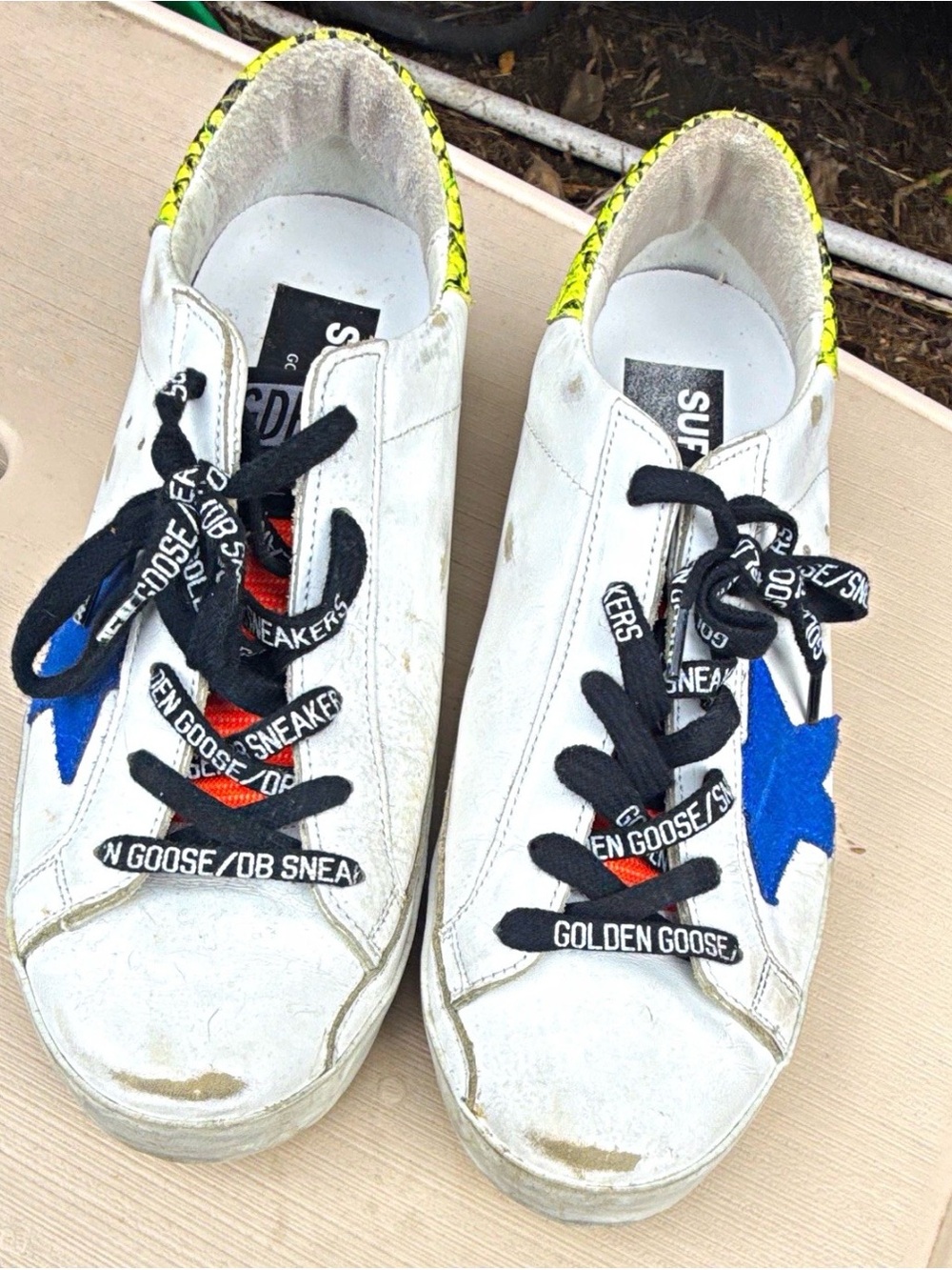 Golden Goose White Low-Top Sneakers with Blue Star and Yellow Heel